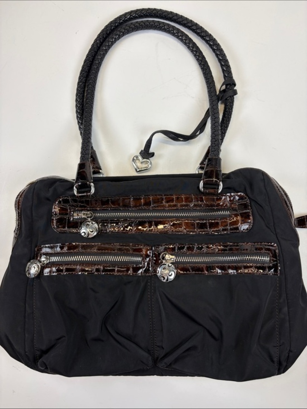 Brighton Black Nylon Croc Embossed Satchel Shoulder Purse